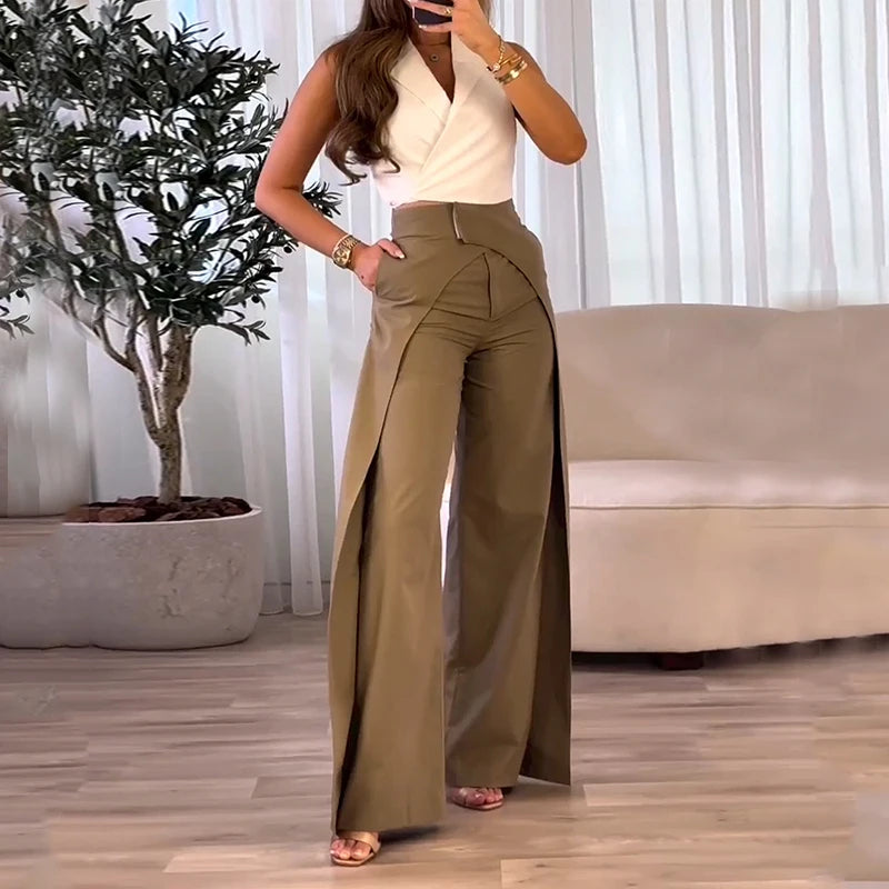 conjunto feminino, duas peças, top sem mangas, calças de pernas largas, streetwear, alto lapela, elegante, monocromático, moda casual, verão, roupa feminina, tendência, estilo, conjunto estiloso, moda urbana, pattygirll, compra online, roupa de rua, moda feminina, look do dia.