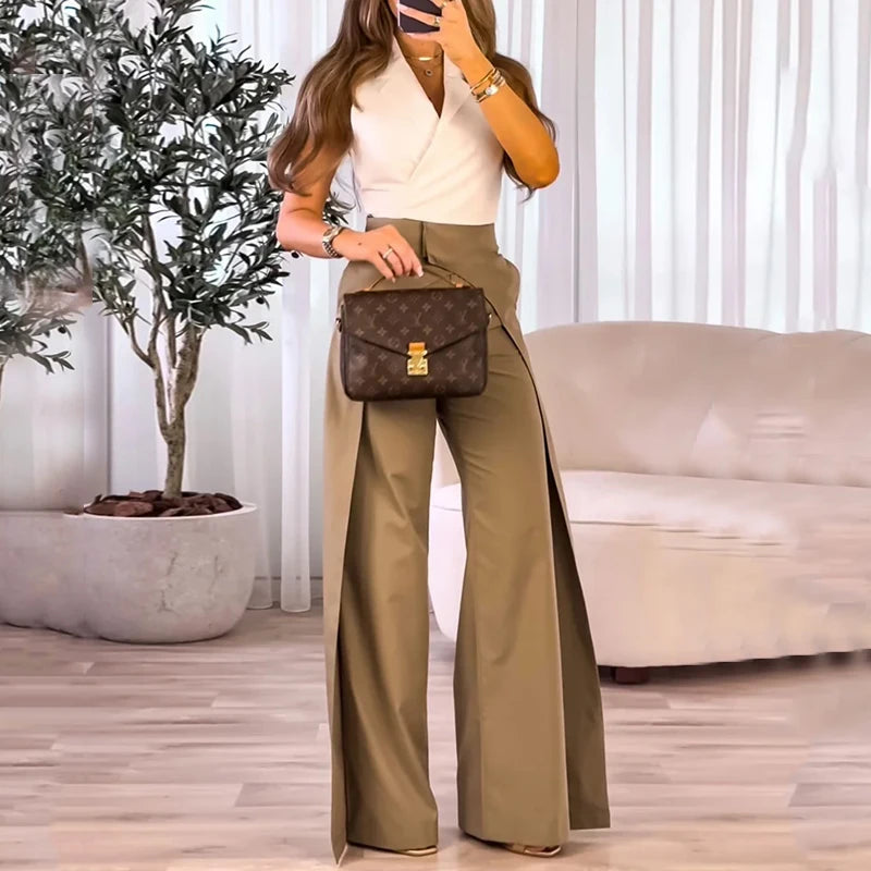 conjunto feminino, duas peças, top sem mangas, calças de pernas largas, streetwear, alto lapela, elegante, monocromático, moda casual, verão, roupa feminina, tendência, estilo, conjunto estiloso, moda urbana, pattygirll, compra online, roupa de rua, moda feminina, look do dia.