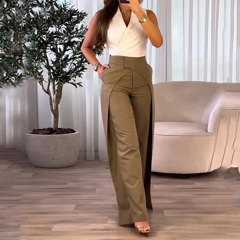 conjunto feminino, duas peças, top sem mangas, calças de pernas largas, streetwear, alto lapela, elegante, monocromático, moda casual, verão, roupa feminina, tendência, estilo, conjunto estiloso, moda urbana, pattygirll, compra online, roupa de rua, moda feminina, look do dia.